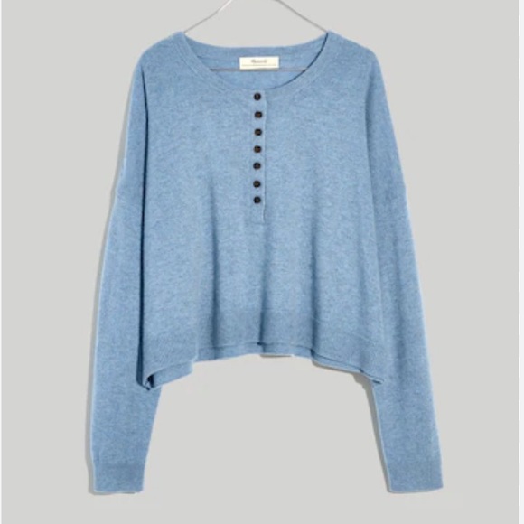 Madewell Blue Cashmere Re ) Sponsible Henley Crop Pullover Long Sleeve Sweater M